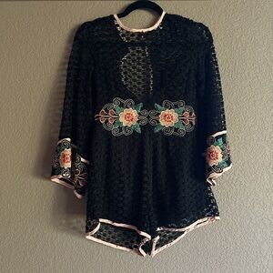Black lace romper with flower embroidery